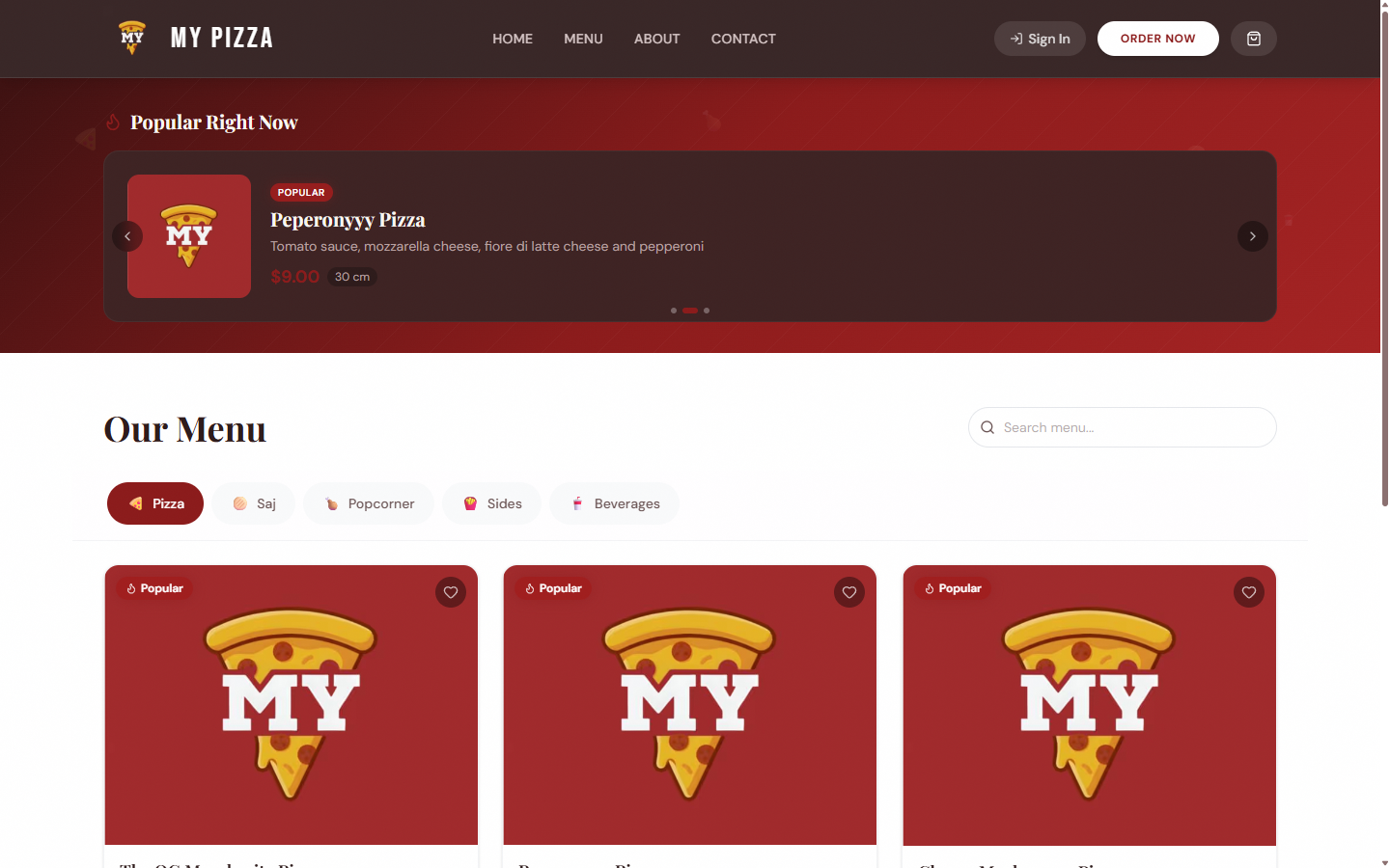 MyPizza Menu Page